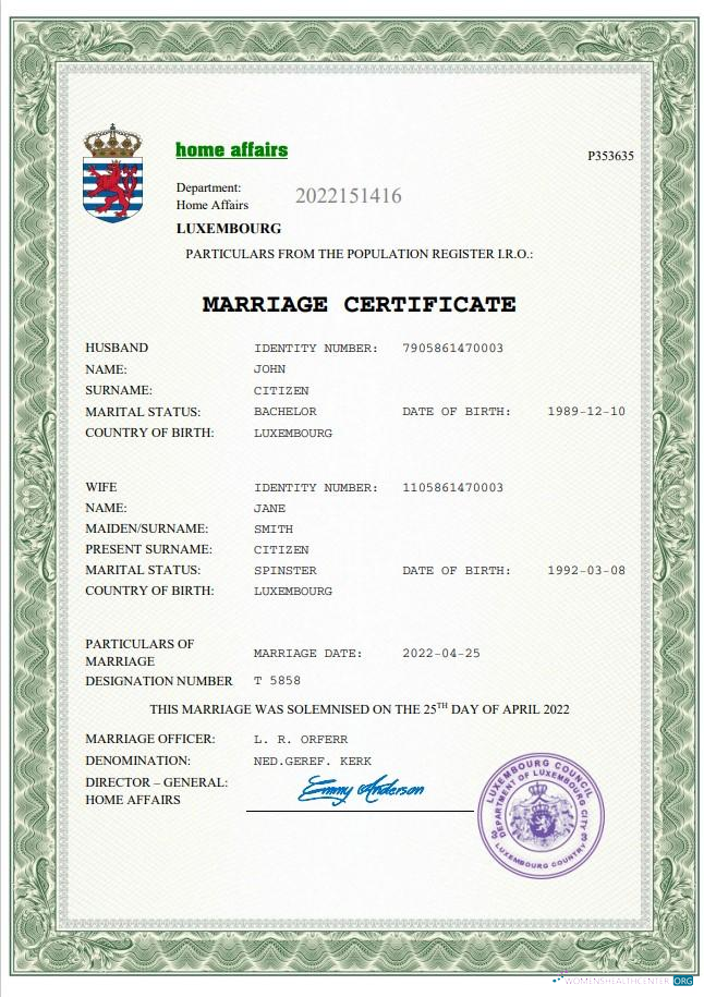 Download Luxembourg marriage certificate Word and PDF template Photoshop template